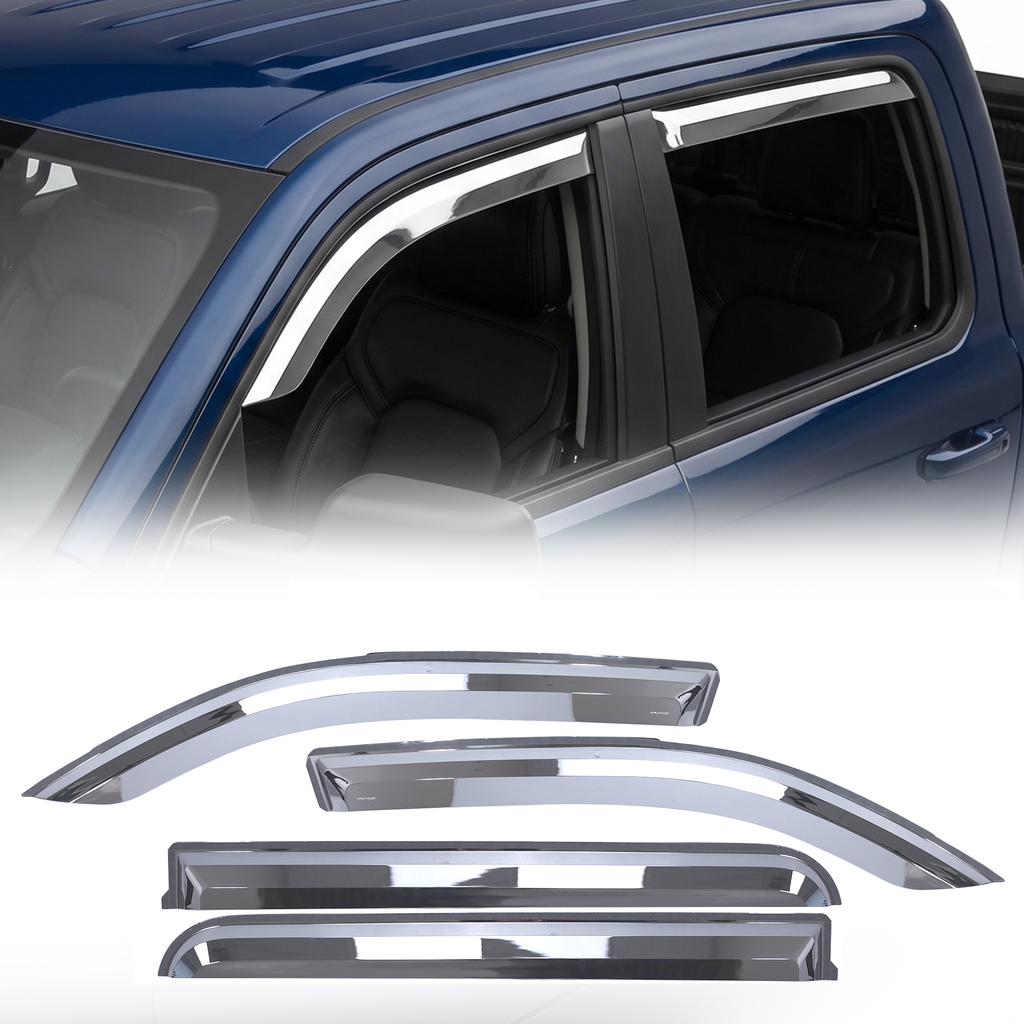 Front + Rear Chrome Window Visors On 19+ Ram LD 1500 Front + Rear Chrome Window Visors On 19+ Ram LD 1500