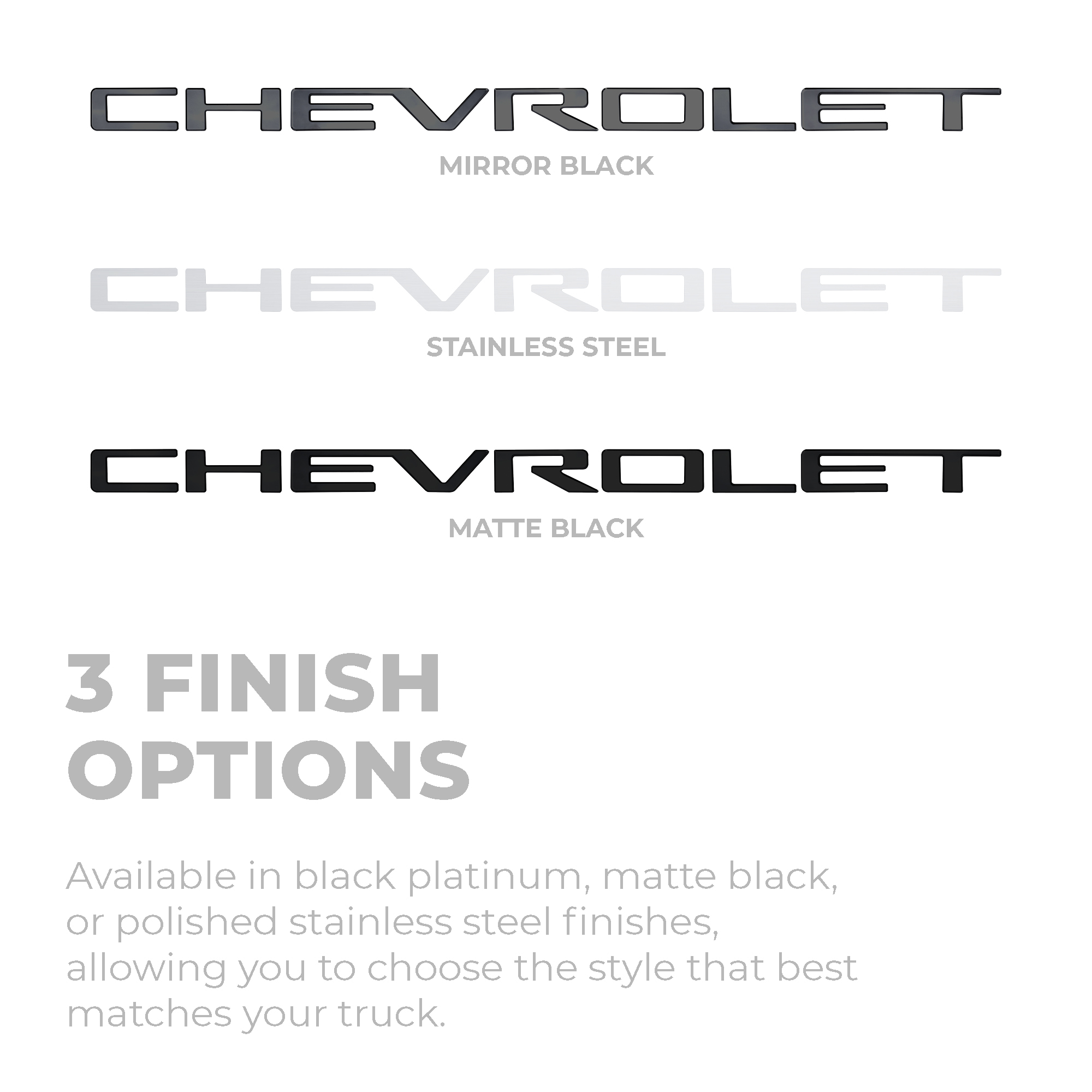 Chevy Letter Kit - 3 Finish Options - Infographic