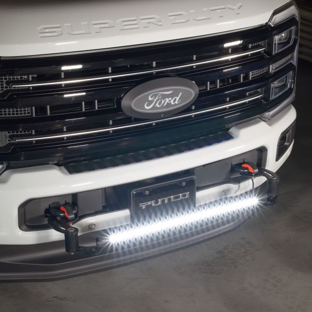 Denominator mounted to the front bumper of Ford Super Duty accommodates 30" to 50"