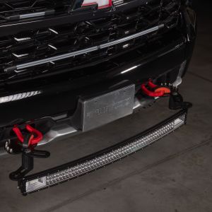 Curved 42" LED light bar mounted to the front of the Chevy Silverado