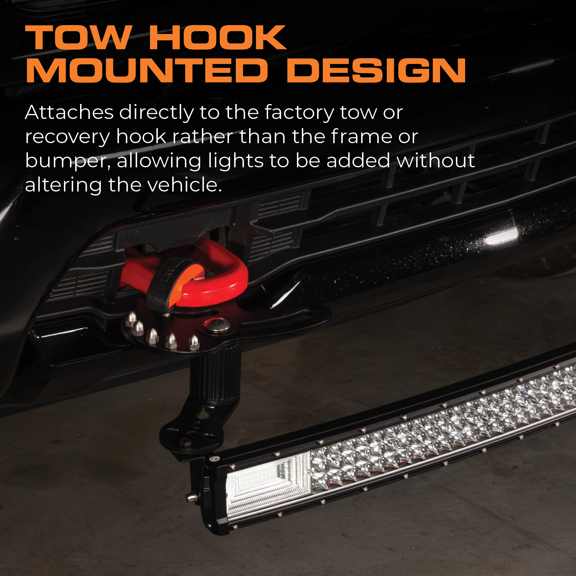 Denominator mount attaches securely to tow hooks. Denominator mount attaches securely to tow hooks.