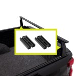 Truck bed rack with height extensions installed and inset showing close-up of 10-inch Putco Tec Rack extension brackets