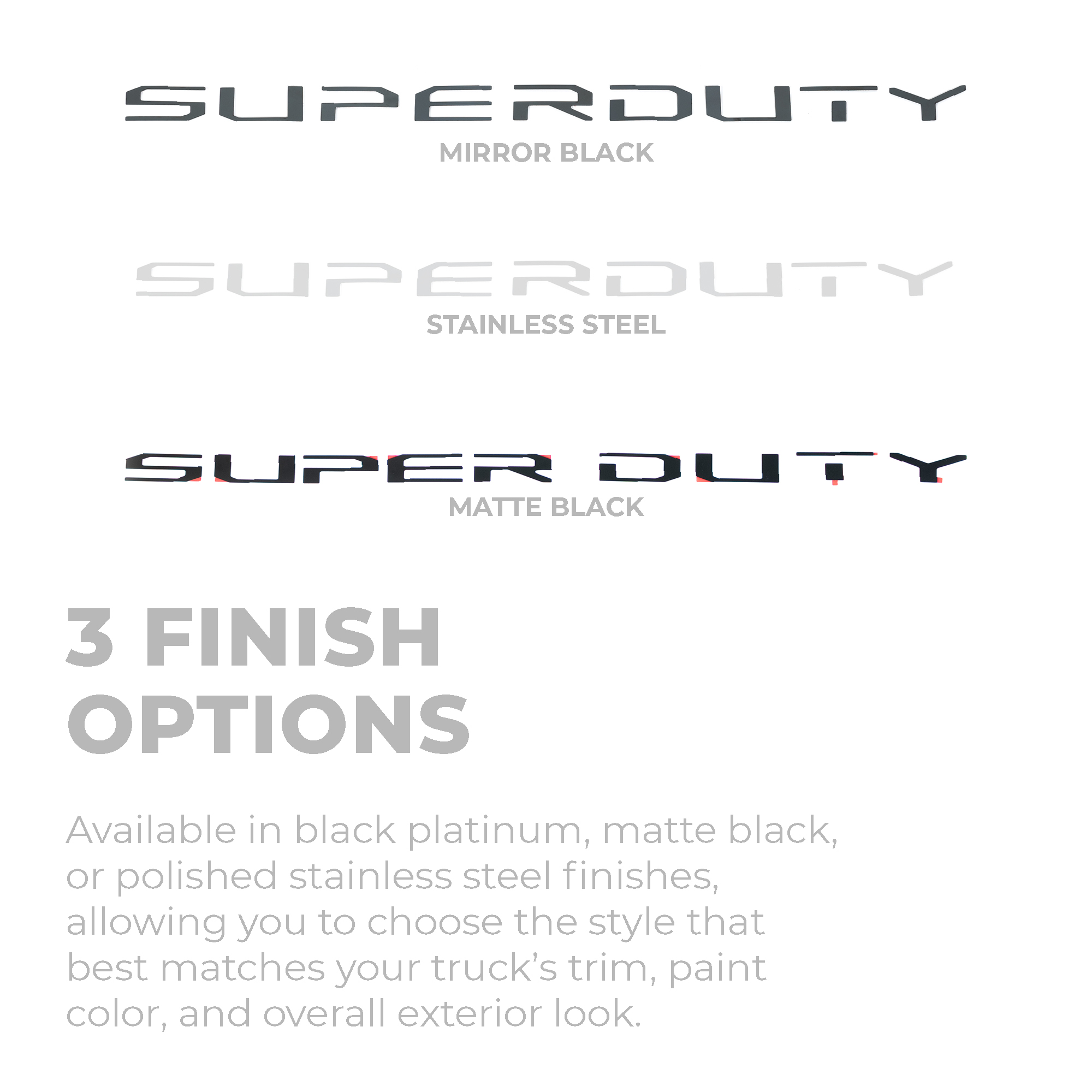 Super Duty Hood Letter Kit - 3 Finish Options - Infographic