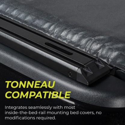 TEC Skin mounted with a tonneau cover, showing compatibility with inside-the-rail bed cover installations