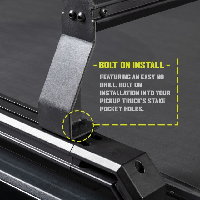 BOLT ON INSTALL - Featuring an easy no drill installation and QUICK removal of the elevated cross rails.