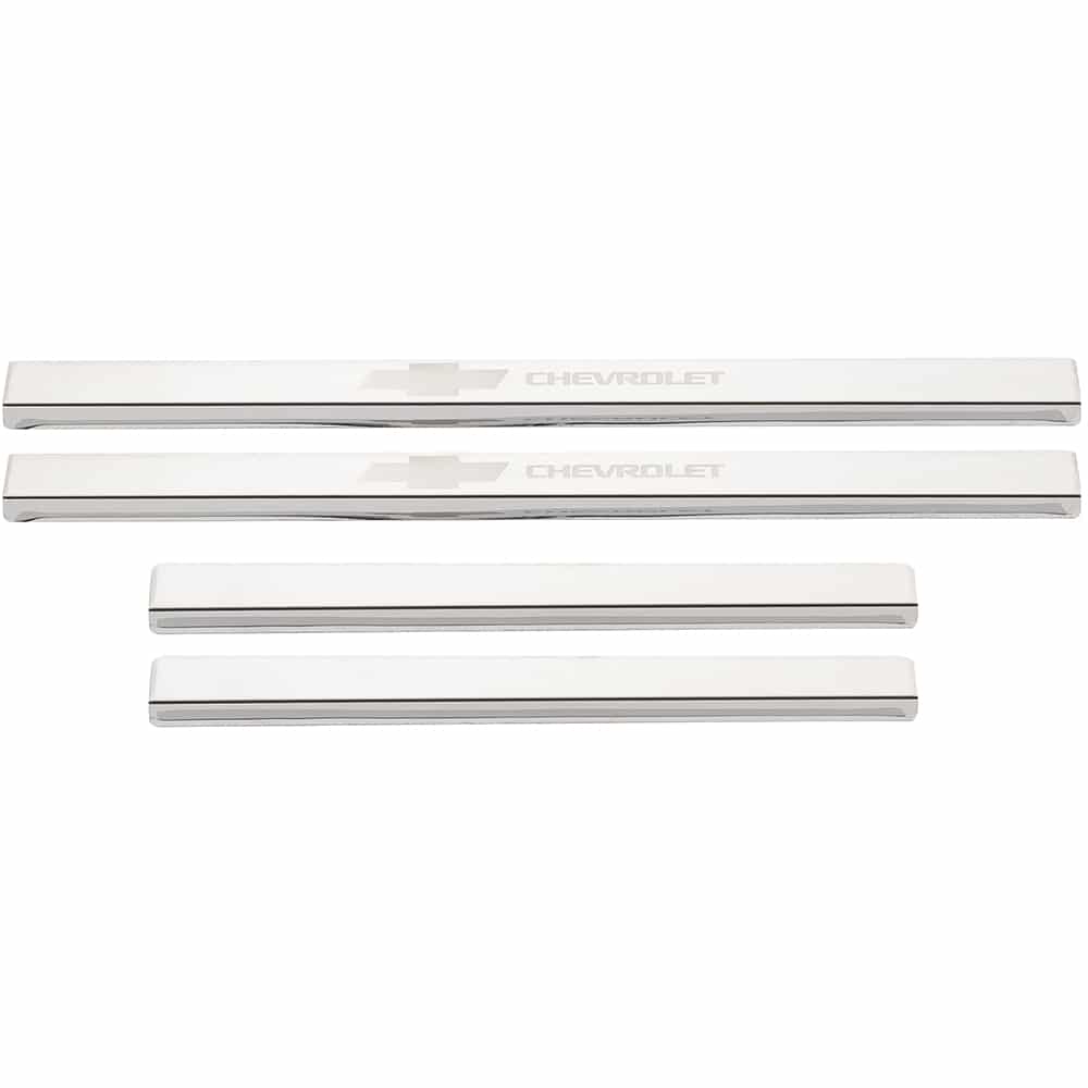 1967-1972 Chevy GMC Truck Chrome BowTie Door Carpet Sill Plates pr 1967-1972 Chevy GMC Truck Chrome BowTie Door Carpet Sill Plates pr