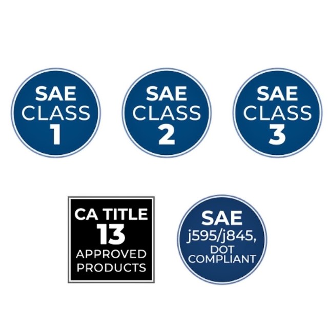 Exceeds SAE Class 3, 2, and 1 specifications and requirements.  DOT J595/J845 approved by independent 3rd party US lab). CA Tiltle 13 Approved product.